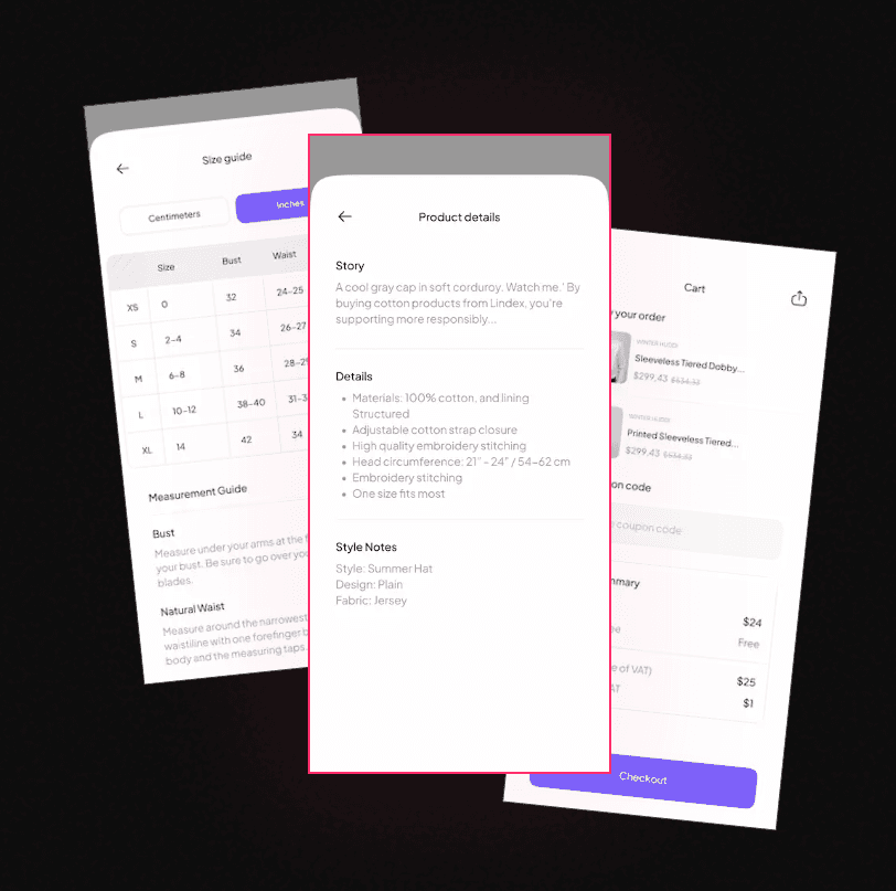 Glimsy Size Guide, Product Details, and Checkout screens